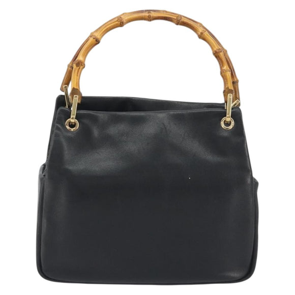 GUCCI Bamboo Hand Bag Leather Black Gold 000 2865 0575 Auth 193128