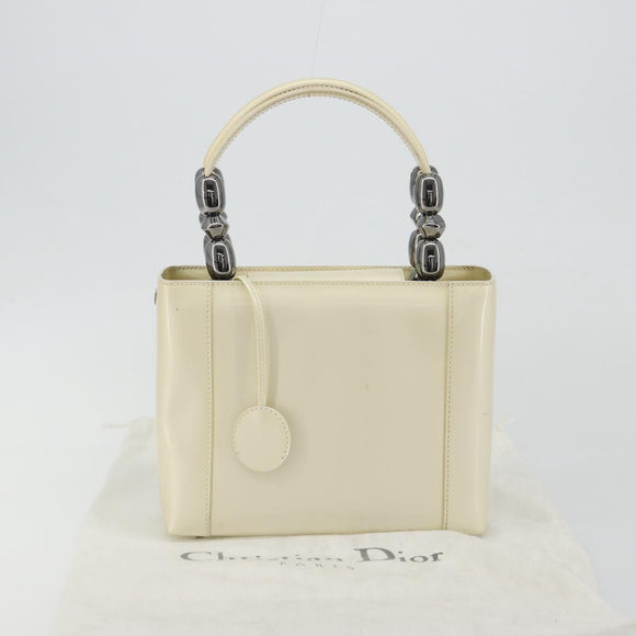 Christian Dior Maris Pearl Hand Bag Patent leather White Silver Auth 193129A