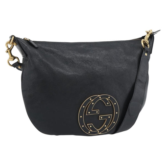 GUCCI Interlocking G Shoulder Bag Leather Black Gold 121546 Auth 193135V