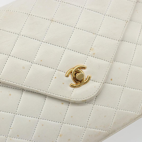 CHANEL Matelasse Chain Shoulder Bag Lamb Skin White Gold CC Auth 193136