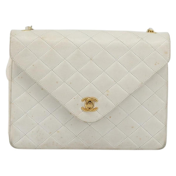 CHANEL Matelasse Chain Shoulder Bag Lamb Skin White Gold CC Auth 193136