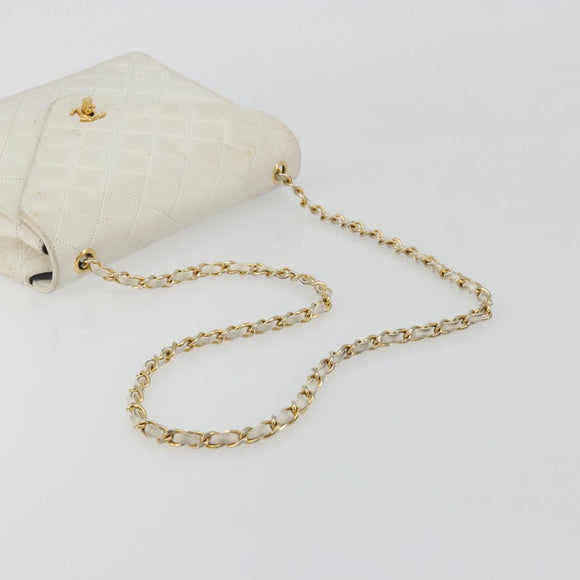 CHANEL Matelasse Chain Shoulder Bag Lamb Skin White Gold CC Auth 193136