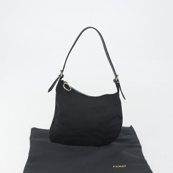 FENDI Zucchino Canvas Shoulder Bag Dark Brown Silver Auth 193139V
