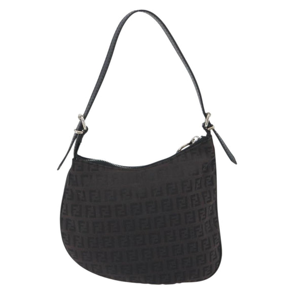 FENDI Zucchino Canvas Shoulder Bag Dark Brown Silver Auth 193139V