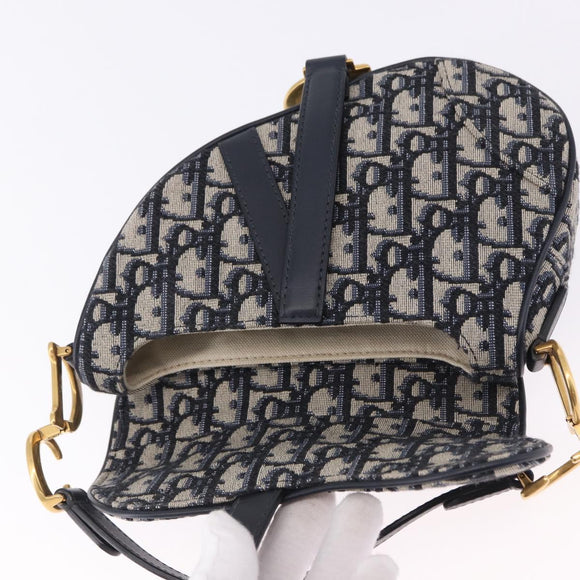 Christian Dior Trotter Canvas Saddle Hand Bag Navy Gold Auth 193142SM
