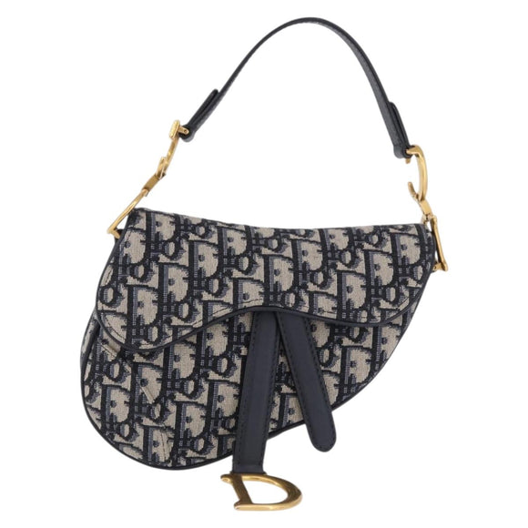 Christian Dior Trotter Canvas Saddle Hand Bag Navy Gold Auth 193142SM