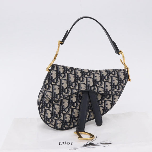 Christian Dior Trotter Canvas Saddle Hand Bag Navy Gold Auth 193142SM
