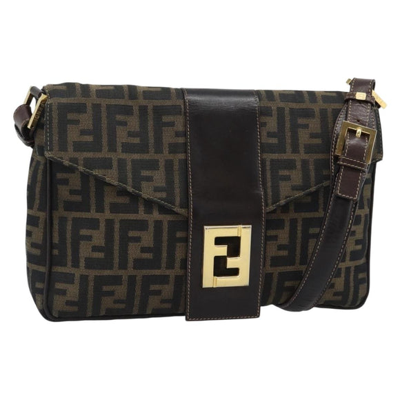 FENDI Zucca Canvas Shoulder Bag Brown Black Auth 193148V