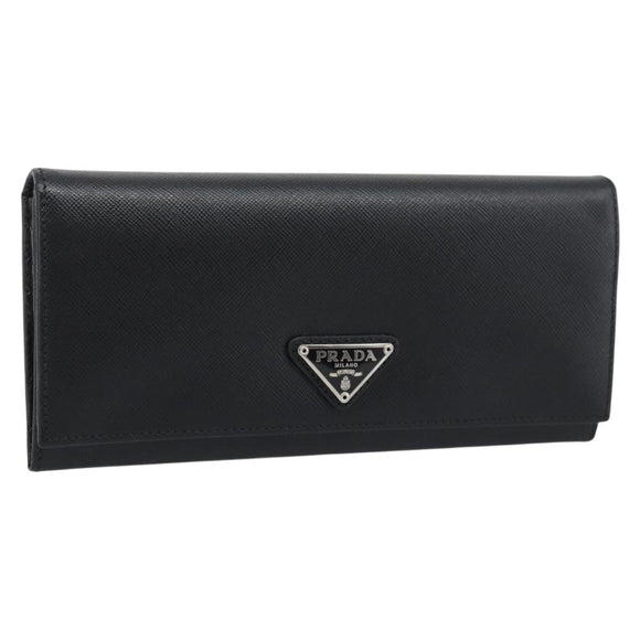 PRADA Long Wallet Saffiano leather Black Silver Auth 193158V