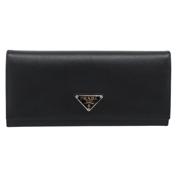PRADA Long Wallet Saffiano leather Black Silver Auth 193158V