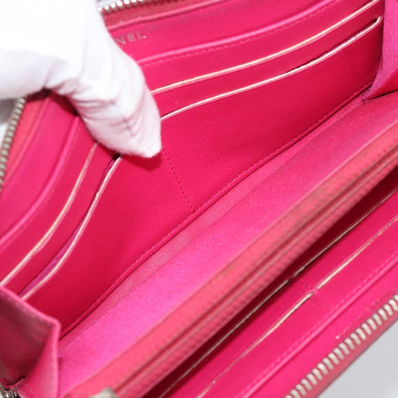 CHANEL Matelasse Long Wallet Lamb Skin Pink Silver CC Auth 193166