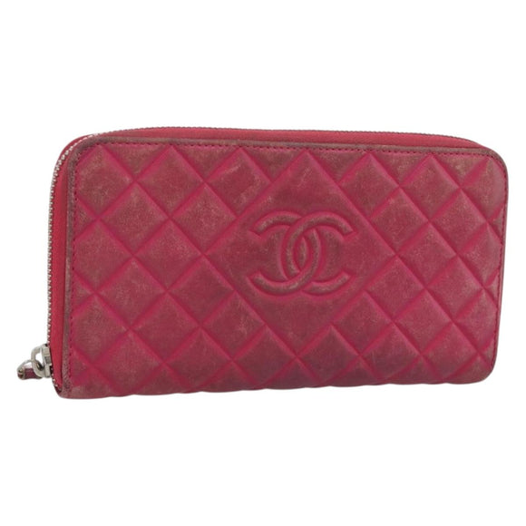 CHANEL Matelasse Long Wallet Lamb Skin Pink Silver CC Auth 193166