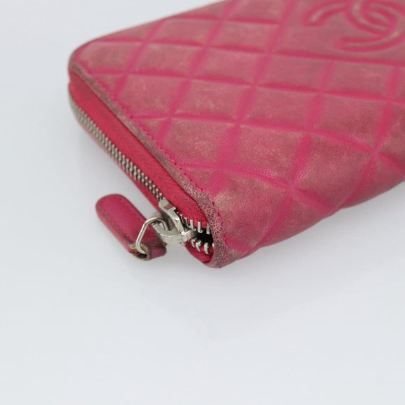 CHANEL Matelasse Long Wallet Lamb Skin Pink Silver CC Auth 193166