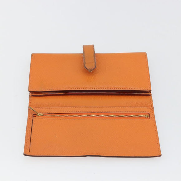 HERMES Bearn Dupri Long Wallet Leather Orange Gold Auth 193167