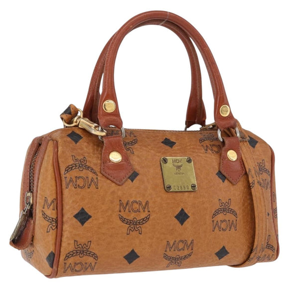 MCM Logogram Vicetos Mini Boston Bag PVC Leather 2way Brown Gold Auth 193348