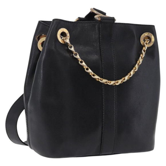 CELINE Shoulder Bag Leather Black Gold Auth 193354