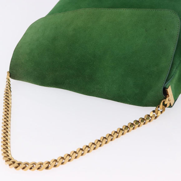 CELINE Chain Shoulder Bag Suede Green Gold Auth 193356A