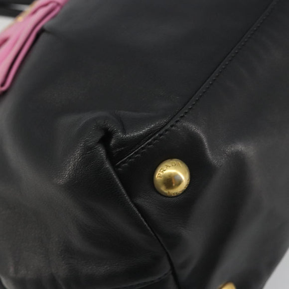 PRADA Ribbon Hand Bag Leather 2way Black Gold Auth 193358A