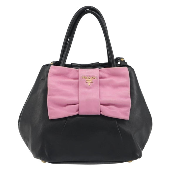 PRADA Ribbon Hand Bag Leather 2way Black Gold Auth 193358A