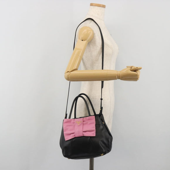PRADA Ribbon Hand Bag Leather 2way Black Gold Auth 193358A