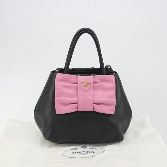 PRADA Ribbon Hand Bag Leather 2way Black Gold Auth 193358A