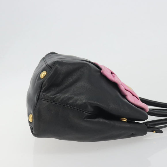 PRADA Ribbon Hand Bag Leather 2way Black Gold Auth 193358A