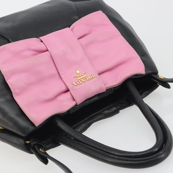 PRADA Ribbon Hand Bag Leather 2way Black Gold Auth 193358A