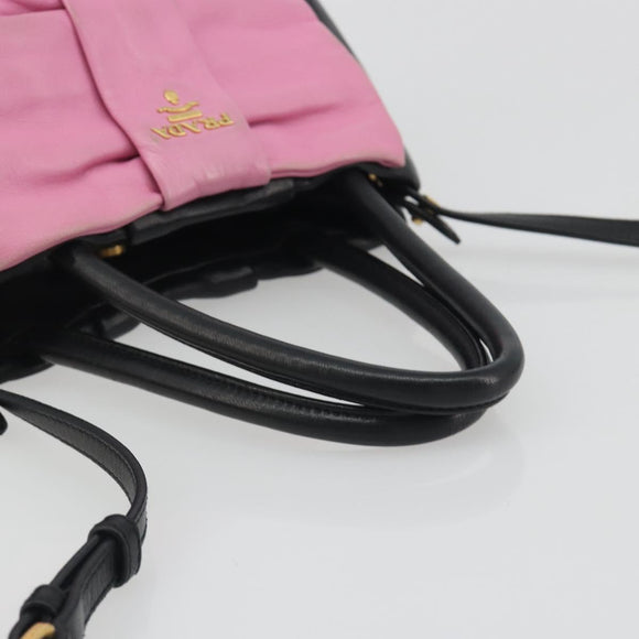 PRADA Ribbon Hand Bag Leather 2way Black Gold Auth 193358A