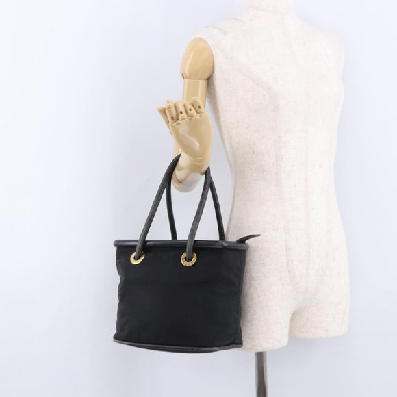 CELINE Circle Hand Bag Nylon Black Gold Auth 193380