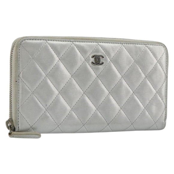 CHANEL Matelasse Long Wallet Lamb Skin Silver CC Auth 193392A