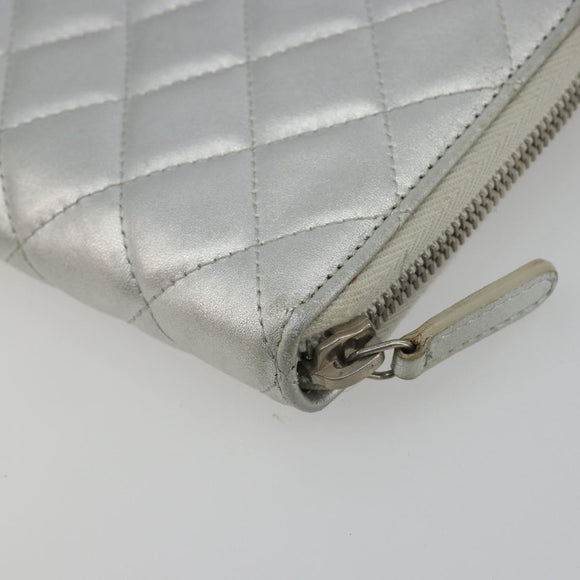 CHANEL Matelasse Long Wallet Lamb Skin Silver CC Auth 193392A