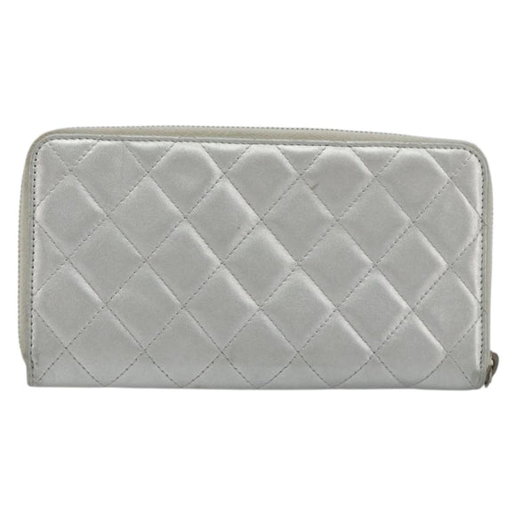 CHANEL Matelasse Long Wallet Lamb Skin Silver CC Auth 193392A