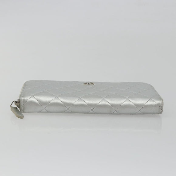 CHANEL Matelasse Long Wallet Lamb Skin Silver CC Auth 193392A