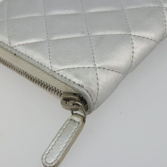 CHANEL Matelasse Long Wallet Lamb Skin Silver CC Auth 193392A