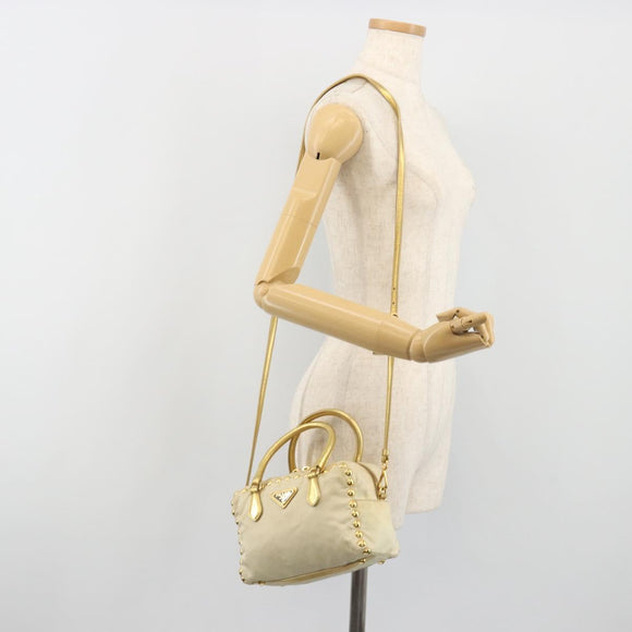 PRADA Shoulder Bag Nylon 2way Beige Gold Auth 193402A