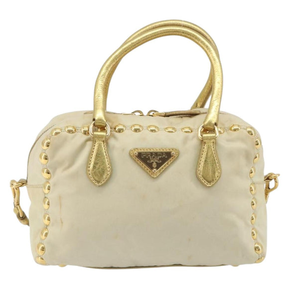 PRADA Shoulder Bag Nylon 2way Beige Gold Auth 193402A