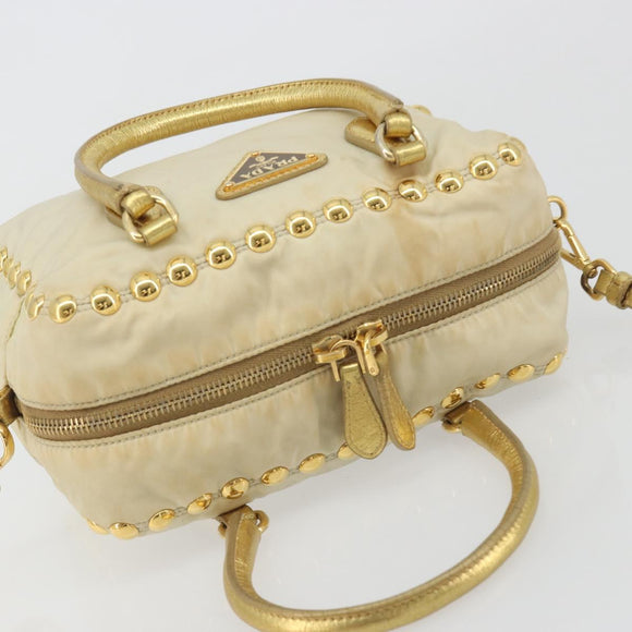 PRADA Shoulder Bag Nylon 2way Beige Gold Auth 193402A