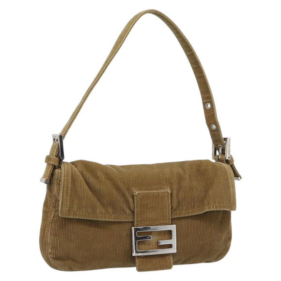FENDI Mamma Baguette Shoulder Bag Corduroy Beige Silver Auth 193421V