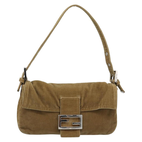 FENDI Mamma Baguette Shoulder Bag Corduroy Beige Silver Auth 193421V