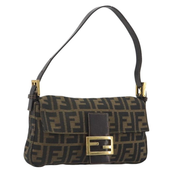 FENDI Zucca Canvas Mamma Baguette Shoulder Bag Brown Black Auth 193422V