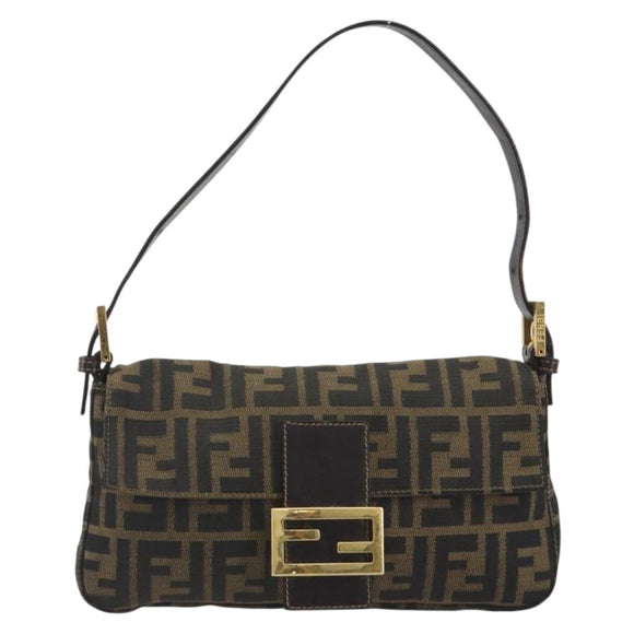 FENDI Zucca Canvas Mamma Baguette Shoulder Bag Brown Black Auth 193422V