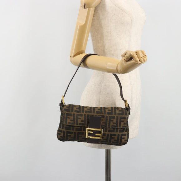 FENDI Zucca Canvas Mamma Baguette Shoulder Bag Brown Black Auth 193422V