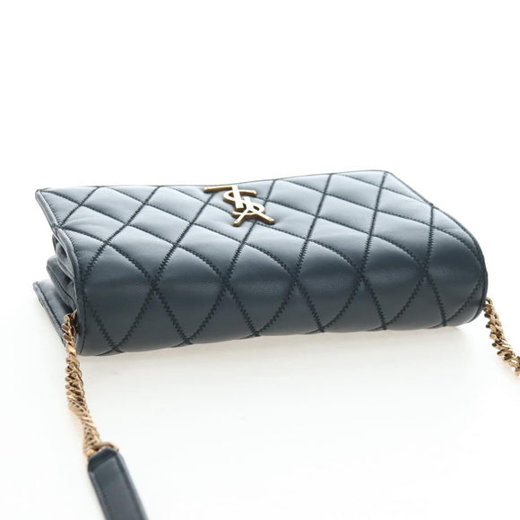 SAINT LAURENT Cassandra Angie Chain Shoulder Bag Leather Navy Gold Auth 193424M