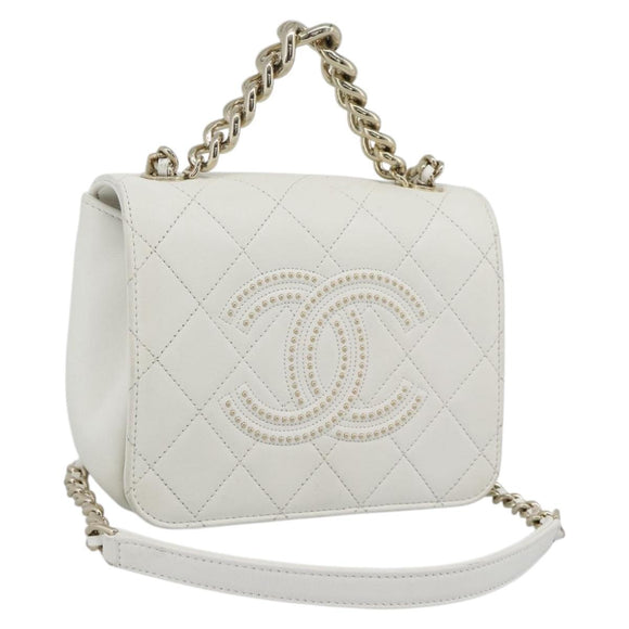 CHANEL Matelasse Chain Shoulder Bag Lamb Skin 2way White Gold CC Auth 193425SAM