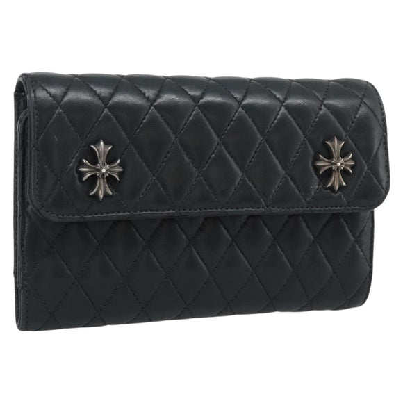 Chrome Hearts Wave4 3-Snap Quilted Long Wallet Leather Black Auth 193427SM