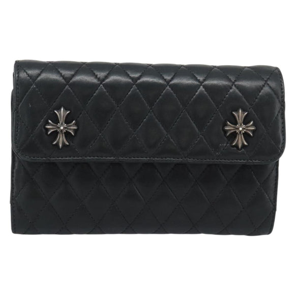Chrome Hearts Wave4 3-Snap Quilted Long Wallet Leather Black Auth 193427SM