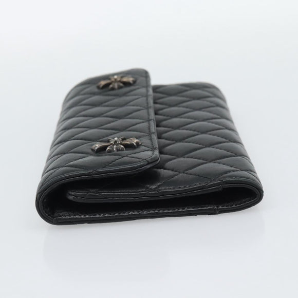 Chrome Hearts Wave4 3-Snap Quilted Long Wallet Leather Black Auth 193427SM