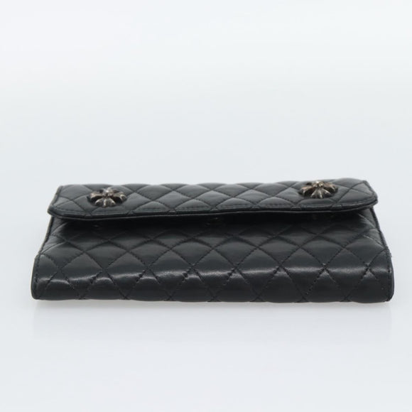 Chrome Hearts Wave4 3-Snap Quilted Long Wallet Leather Black Auth 193427SM