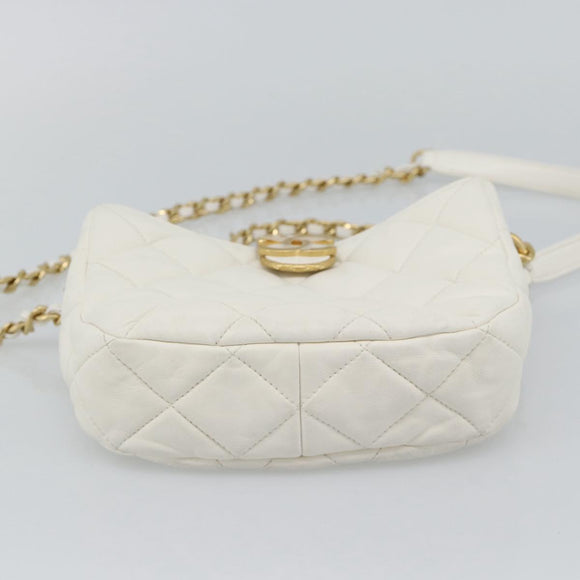 CHANEL Matelasse Chain Shoulder Bag Lamb Skin 2way White Gold CC Auth 193428SAM