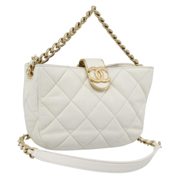 CHANEL Matelasse Chain Shoulder Bag Lamb Skin 2way White Gold CC Auth 193428SAM